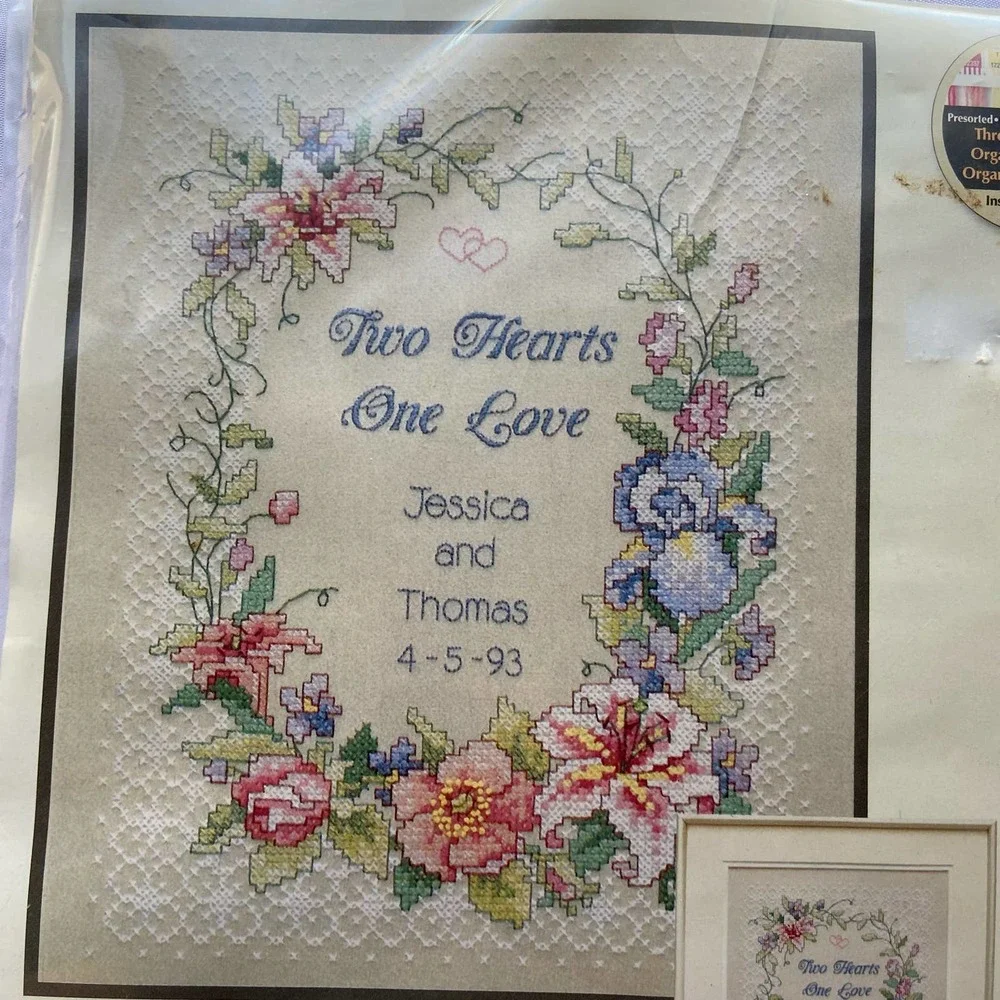 Dimensions Stamped Cross Stitch Two Hearts Wedding Record One Love 3122